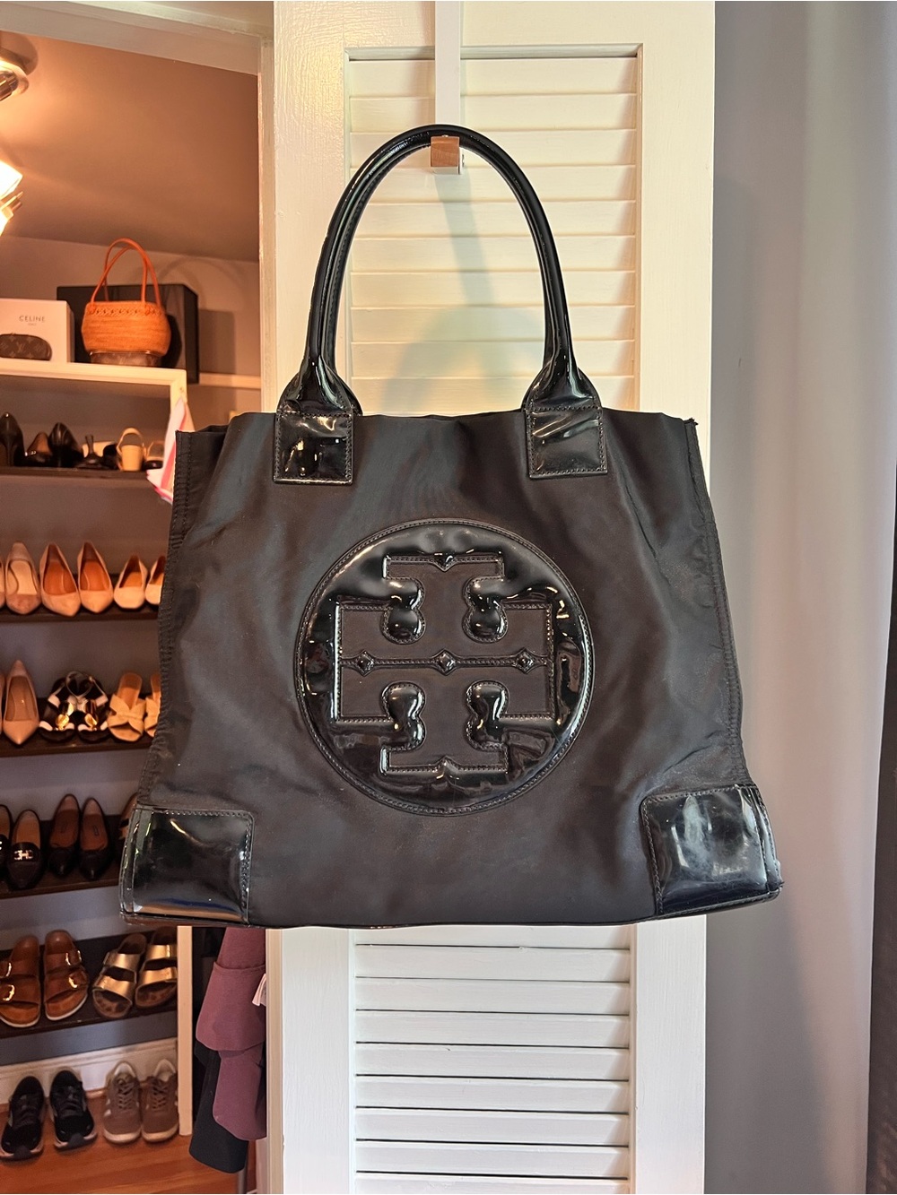 Tory Burch Black Nylon Fleming Tote with Patent Trim